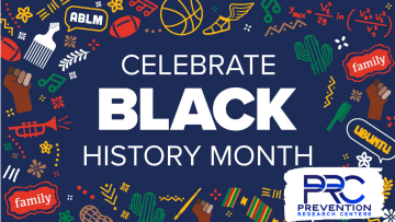 PRC logo on "celebrate black history month" graphic with blue background