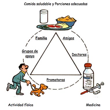 Graphic of proper diet, exercise, and medicine, to manage diabetes